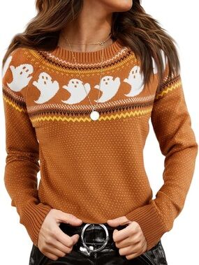 Women's Orange Crewneck Sweater with Ghost Fair Isle